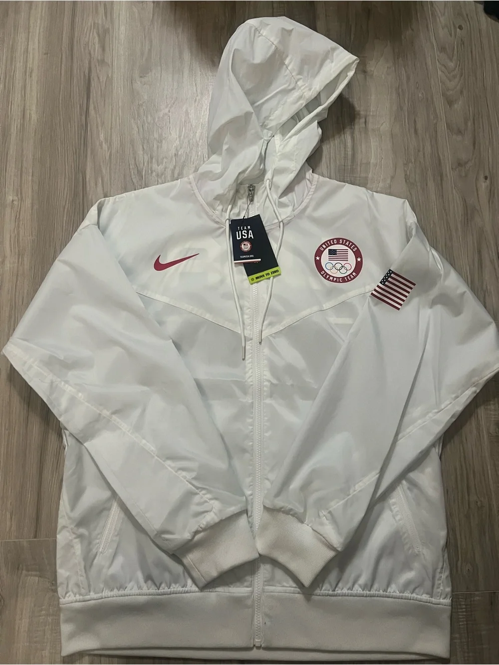 Nike White Team USA Hooded Windbreaker Jacket with Red Accents